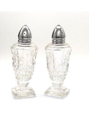 Salt & Pepper Shakers Crystal VTG Set Pedestal Base Cut Etched Frosted Flower